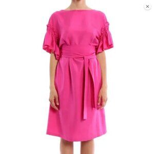 Salvatore Ferragamo Silk Dress Pink Ruffle Sleeve Boat Neck Sheath Lux Designer